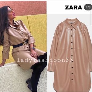 LIKE NEW ZARA Beige Brown Tan Faux Leather Shirt Dress Coat Buttoned Jacket